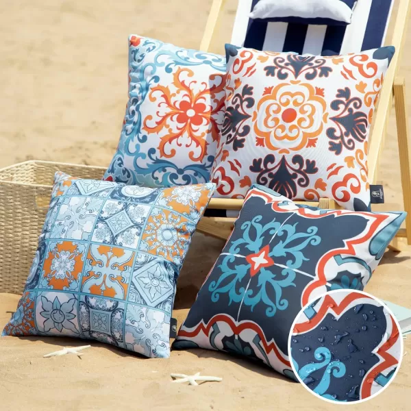 Phantoscope Set of 4 Outdoor Waterproof Throw Pillow CoversGeometric Decorative Boho Farmhouse Outdoor Pillows Cushion Case for Home Patio Furnitures Tent Sunbrella Blue and Green 18x18 InchesNavyBlueOrange