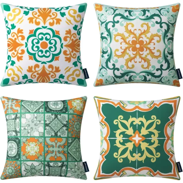 Phantoscope Set of 4 Outdoor Waterproof Throw Pillow CoversGeometric Decorative Boho Farmhouse Outdoor Pillows Cushion Case for Home Patio Furnitures Tent Sunbrella Blue and Green 18x18 InchesTurquoiseOrange