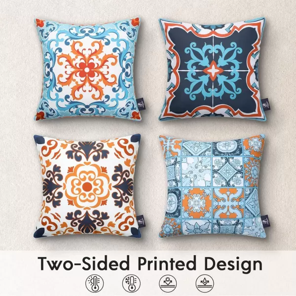Phantoscope Set of 4 Outdoor Waterproof Throw Pillow CoversGeometric Decorative Boho Farmhouse Outdoor Pillows Cushion Case for Home Patio Furnitures Tent Sunbrella Blue and Green 18x18 InchesNavyBlueOrange