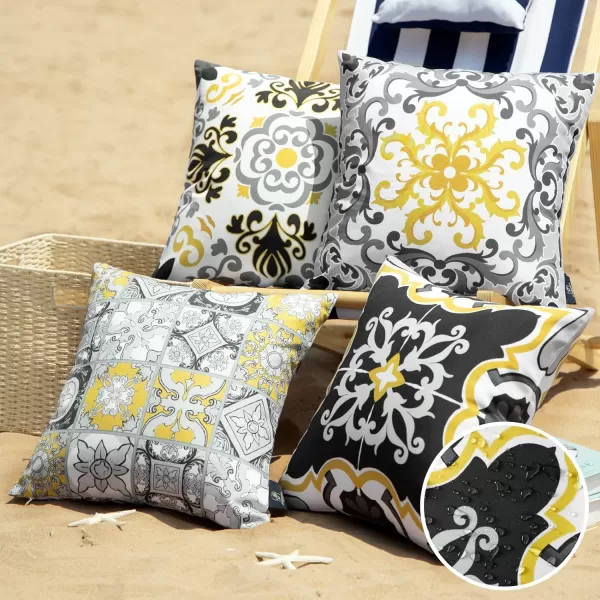 Phantoscope Set of 4 Outdoor Waterproof Throw Pillow CoversGeometric Decorative Boho Farmhouse Outdoor Pillows Cushion Case for Home Patio Furnitures Tent Sunbrella Blue and Green 18x18 InchesBlackGreyYellow