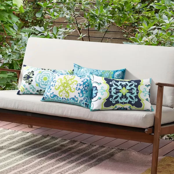 Phantoscope Set of 4 Outdoor Waterproof Throw Pillow CoversGeometric Decorative Boho Farmhouse Outdoor Pillows Cushion Case for Home Patio Furnitures Tent Sunbrella Blue and Green 18x18 InchesNavyBlueGreen