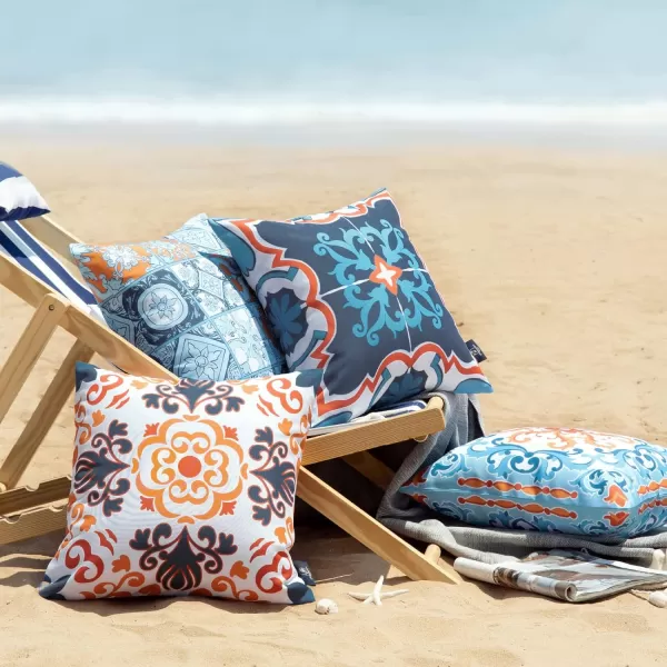 Phantoscope Set of 4 Outdoor Waterproof Throw Pillow CoversGeometric Decorative Boho Farmhouse Outdoor Pillows Cushion Case for Home Patio Furnitures Tent Sunbrella Blue and Green 18x18 InchesNavyBlueOrange