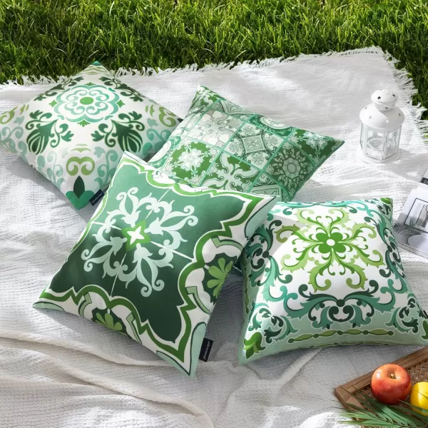 Phantoscope Set of 4 Outdoor Waterproof Throw Pillow CoversGeometric Decorative Boho Farmhouse Outdoor Pillows Cushion Case for Home Patio Furnitures Tent Sunbrella Blue and Green 18x18 InchesLight Olive Green