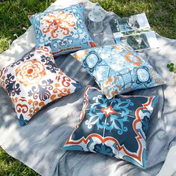 Phantoscope Set of 4 Outdoor Waterproof Throw Pillow CoversGeometric Decorative Boho Farmhouse Outdoor Pillows Cushion Case for Home Patio Furnitures Tent Sunbrella Blue and Green 18x18 InchesNavyBlueOrange