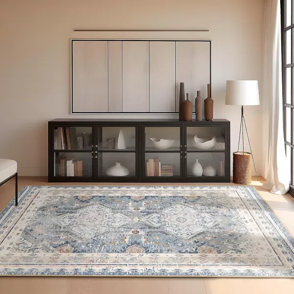Phantoscope Vintage Collection Area Rug 5x7 for Living Room  Washable Rug Large Boho Carpet NonSlip for Bedroom Dining Room Indoor LowPile Neutral Distressed Accent Rug Dusty BlueMultiDusty BlueMulti