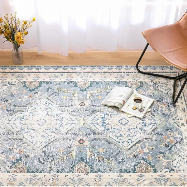 Phantoscope Vintage Collection Area Rug 5x7 for Living Room  Washable Rug Large Boho Carpet NonSlip for Bedroom Dining Room Indoor LowPile Neutral Distressed Accent Rug Dusty BlueMultiDusty BlueMulti