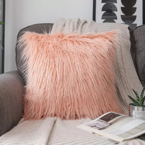 Phantoscope Faux Fur Solid Decorative Pillow Cover Fluffy Throw Pillow Mongolian Luxury Fuzzy Pillow Case Cushion Cover for Bedroom and CouchTrue White 18 x 18 InchesPeachy Pink