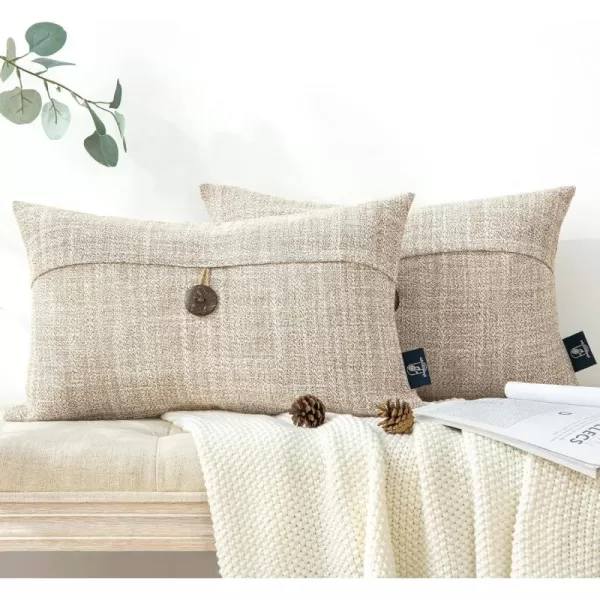 Phantoscope Pack of 2 Farmhouse Throw Pillow Covers Button Vintage Linen Decorative Pillow Cases for Couch Bed and Chair Beige 18 x 18 inches 45 x 45 cmBeige