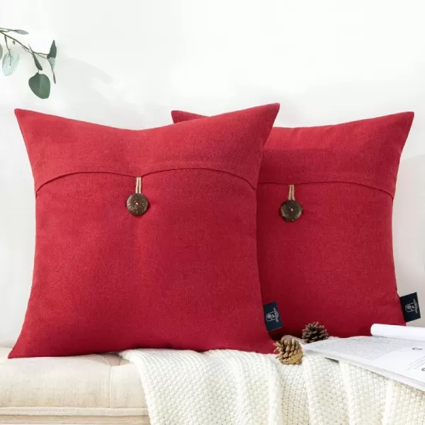 Phantoscope Pack of 2 Farmhouse Throw Pillow Covers Button Vintage Linen Decorative Pillow Cases for Couch Bed and Chair Beige 18 x 18 inches 45 x 45 cmRed