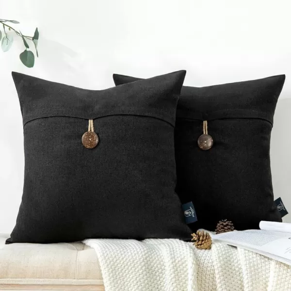 Phantoscope Pack of 2 Farmhouse Throw Pillow Covers Button Vintage Linen Decorative Pillow Cases for Couch Bed and Chair Beige 18 x 18 inches 45 x 45 cmBlack