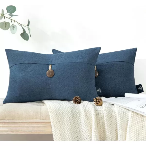 Phantoscope Pack of 2 Farmhouse Throw Pillow Covers Button Vintage Linen Decorative Pillow Cases for Couch Bed and Chair Beige 18 x 18 inches 45 x 45 cmNavy Blue