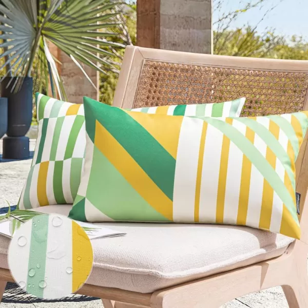 Phantoscope Pack of 2 Outdoor Pillows Waterproof Geometric Stripes Outdoor Pillow Covers Decorative Square Patio Pillows Cushion Case for Couch Tent Sunbrella Navy and Lake Blue 18 x 18 InchesYellow and Green