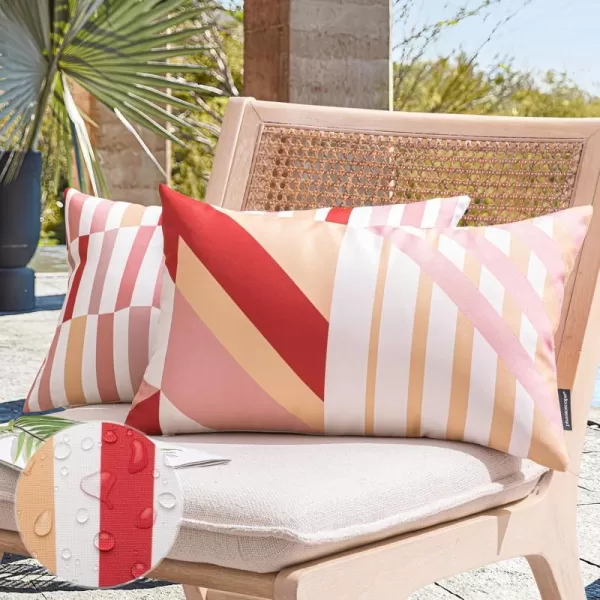 Phantoscope Pack of 2 Outdoor Pillows Waterproof Geometric Stripes Outdoor Pillow Covers Decorative Square Patio Pillows Cushion Case for Couch Tent Sunbrella Navy and Lake Blue 18 x 18 InchesPink