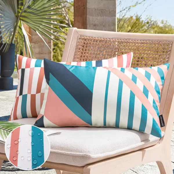 Phantoscope Pack of 2 Outdoor Pillows Waterproof Geometric Stripes Outdoor Pillow Covers Decorative Square Patio Pillows Cushion Case for Couch Tent Sunbrella Navy and Lake Blue 18 x 18 InchesBlue and Pink