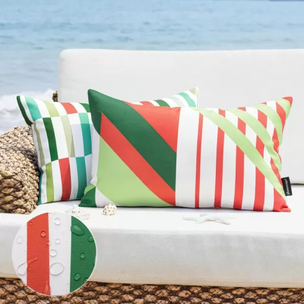 Phantoscope Pack of 2 Outdoor Pillows Waterproof Geometric Stripes Outdoor Pillow Covers Decorative Square Patio Pillows Cushion Case for Couch Tent Sunbrella Navy and Lake Blue 18 x 18 InchesOrange and Green