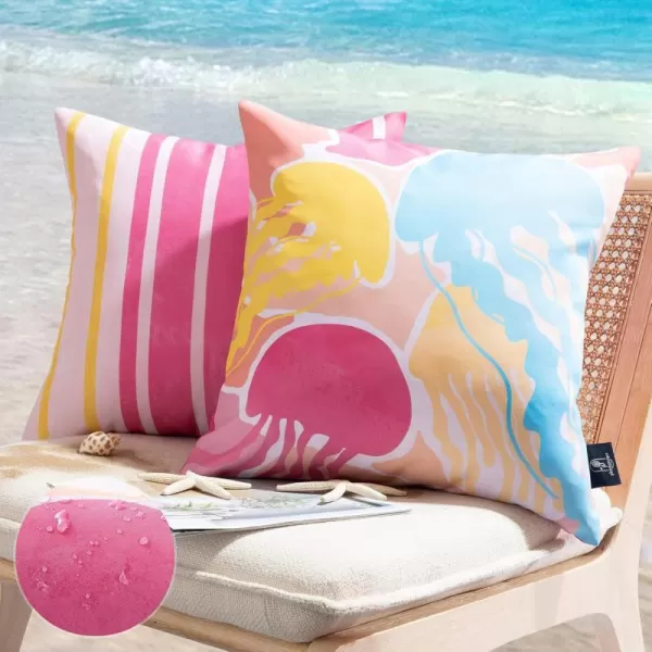 Phantoscope Pack of 2 Outdoor Waterproof Pillow Covers Decorative Jellyfish Design Outdoor Pillows for Patio Furniture Cushion Cases for Couch Tent Sunbrella Yellow 18x18 InchesJellyfishhot Pink