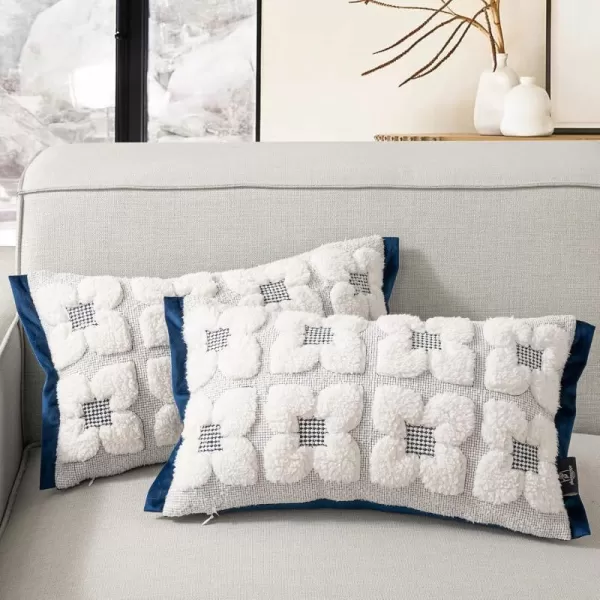 Phantoscope Pack of 2 Sherpa Solid Throw Decorative Pillow Cover Embroidery Decorative Faux Fur Fluffy Cushion Cases Soft Square Pillow Cases for BedroomCouchBeige18 x 18 InchesEmbroidered  Navy Blue