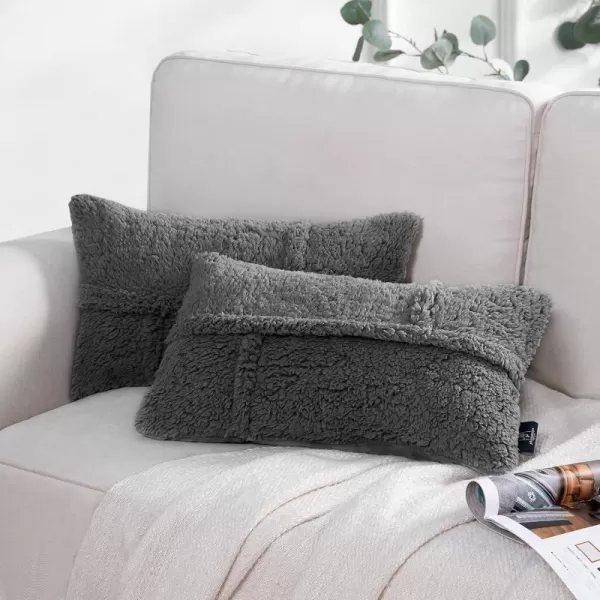 Phantoscope Pack of 2 Sherpa Throw Decorative Pillow Cover Decorative Faux Fur Fluffy Cushion Cases Soft Square Pillow Cases for BedroomCouch OffWhite Print 18 x 18 InchesDark Grey