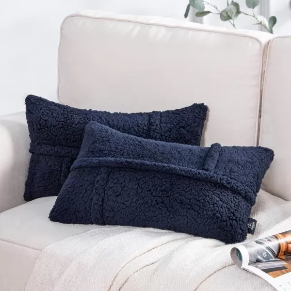 Phantoscope Pack of 2 Sherpa Throw Decorative Pillow Cover Decorative Faux Fur Fluffy Cushion Cases Soft Square Pillow Cases for BedroomCouch OffWhite Print 18 x 18 InchesNavy Blue