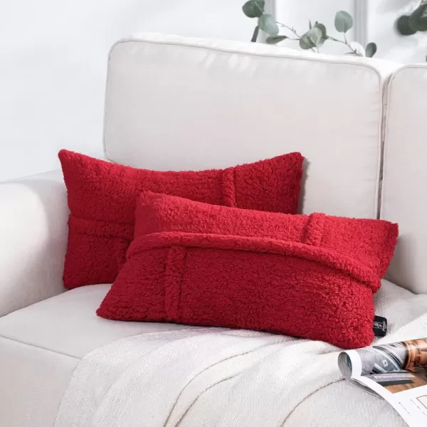 Phantoscope Pack of 2 Sherpa Throw Decorative Pillow Cover Decorative Faux Fur Fluffy Cushion Cases Soft Square Pillow Cases for BedroomCouch OffWhite Print 18 x 18 InchesRed