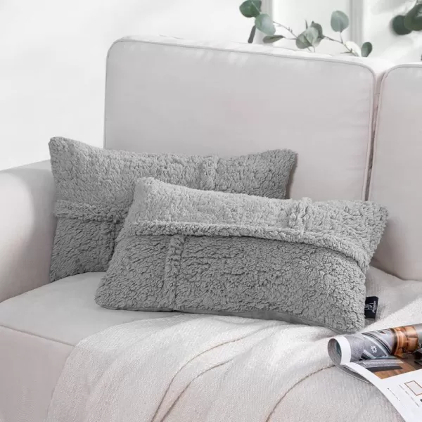 Phantoscope Pack of 2 Sherpa Throw Decorative Pillow Cover Decorative Faux Fur Fluffy Cushion Cases Soft Square Pillow Cases for BedroomCouch OffWhite Print 18 x 18 InchesLight Grey