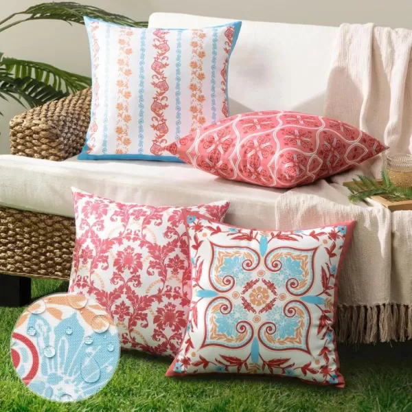 Phantoscope Pack of 4 Outdoor Pillows Waterproof Boho Geometric Outdoor Throw Pillow Covers Decorative Floral Patio Pillows Square Cushion Case for Couch Tent Sunbrella OrangeBlue 18x18 InchesPinkBlue