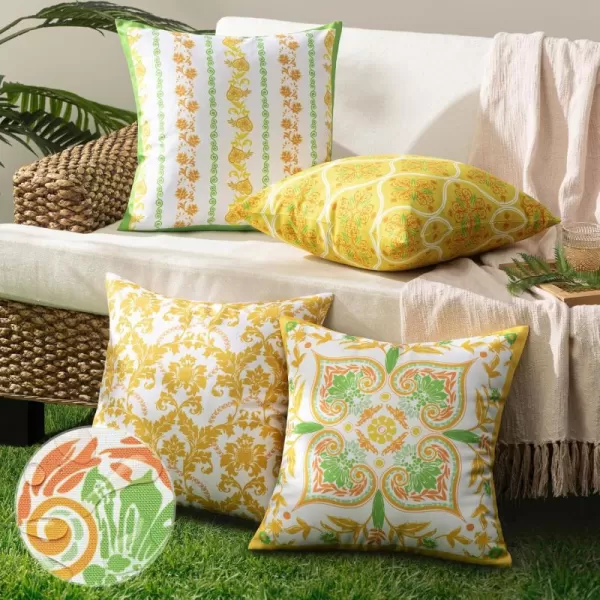 Phantoscope Pack of 4 Outdoor Pillows Waterproof Boho Geometric Outdoor Throw Pillow Covers Decorative Floral Patio Pillows Square Cushion Case for Couch Tent Sunbrella OrangeBlue 18x18 InchesYellowGreen
