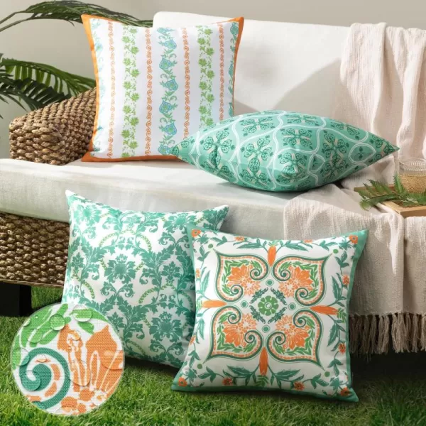 Phantoscope Pack of 4 Outdoor Pillows Waterproof Boho Geometric Outdoor Throw Pillow Covers Decorative Floral Patio Pillows Square Cushion Case for Couch Tent Sunbrella OrangeBlue 18x18 InchesLight TurquoiseOrange
