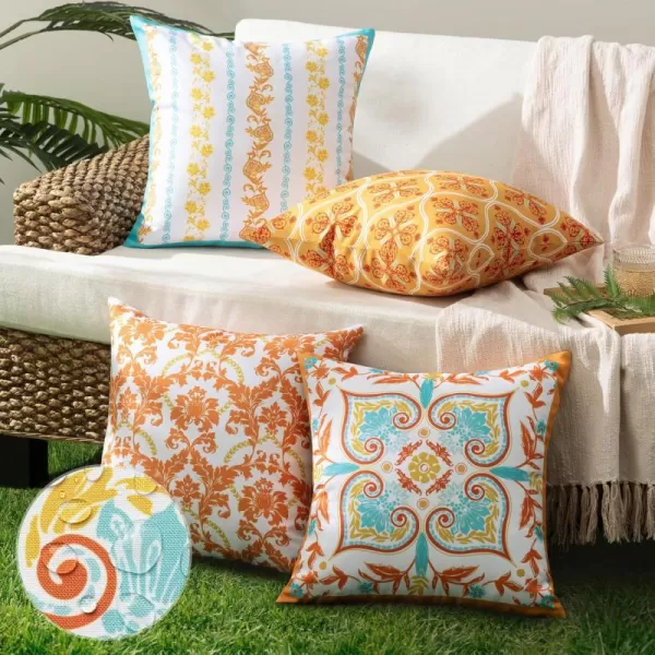 Phantoscope Pack of 4 Outdoor Pillows Waterproof Boho Geometric Outdoor Throw Pillow Covers Decorative Floral Patio Pillows Square Cushion Case for Couch Tent Sunbrella OrangeBlue 18x18 InchesOrangeBlue