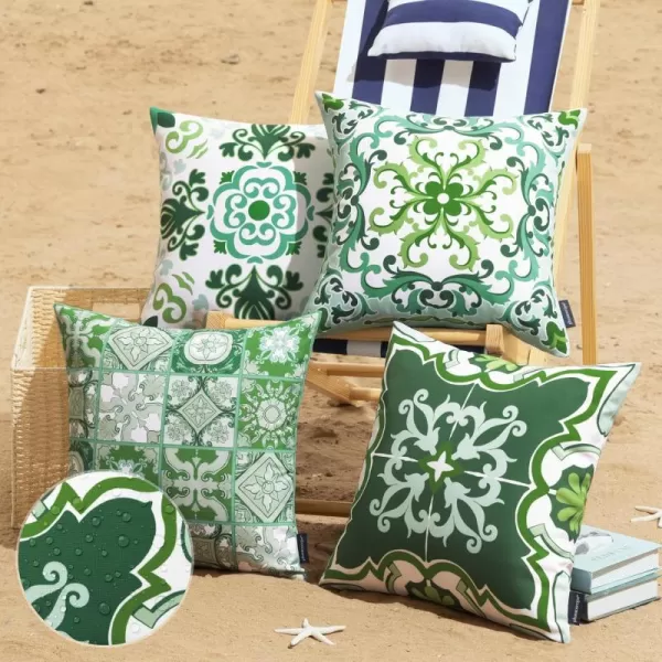 Phantoscope Set of 4 Outdoor Waterproof Throw Pillow CoversGeometric Decorative Boho Farmhouse Outdoor Pillows Cushion Case for Home Patio Furnitures Tent Sunbrella Blue and Green 18x18 InchesLight Olive Green