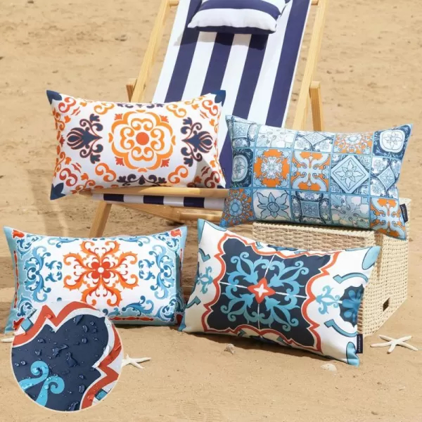 Phantoscope Set of 4 Outdoor Waterproof Throw Pillow CoversGeometric Decorative Boho Farmhouse Outdoor Pillows Cushion Case for Home Patio Furnitures Tent Sunbrella Blue and Green 18x18 InchesNavyBlueOrange
