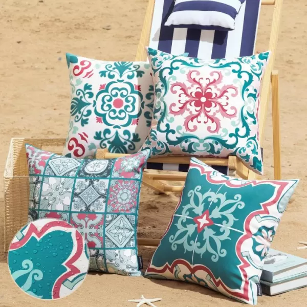 Phantoscope Set of 4 Outdoor Waterproof Throw Pillow CoversGeometric Decorative Boho Farmhouse Outdoor Pillows Cushion Case for Home Patio Furnitures Tent Sunbrella Blue and Green 18x18 InchesTealPink
