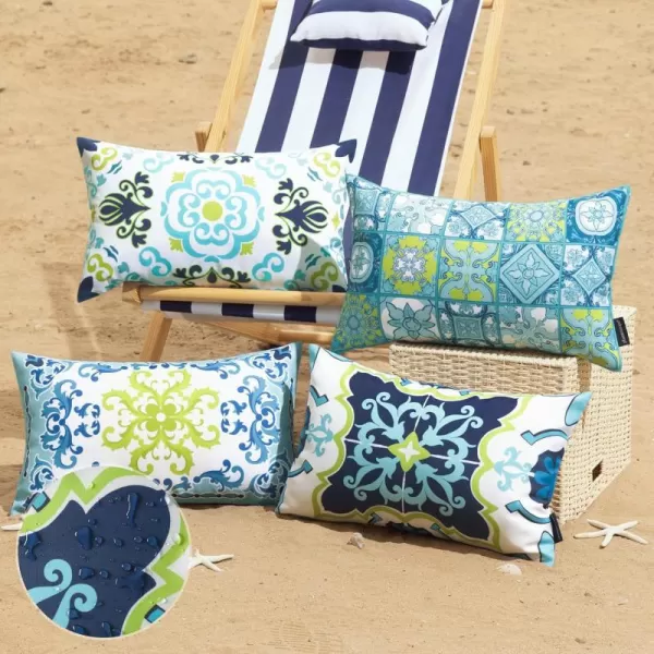 Phantoscope Set of 4 Outdoor Waterproof Throw Pillow CoversGeometric Decorative Boho Farmhouse Outdoor Pillows Cushion Case for Home Patio Furnitures Tent Sunbrella Blue and Green 18x18 InchesNavyBlueGreen