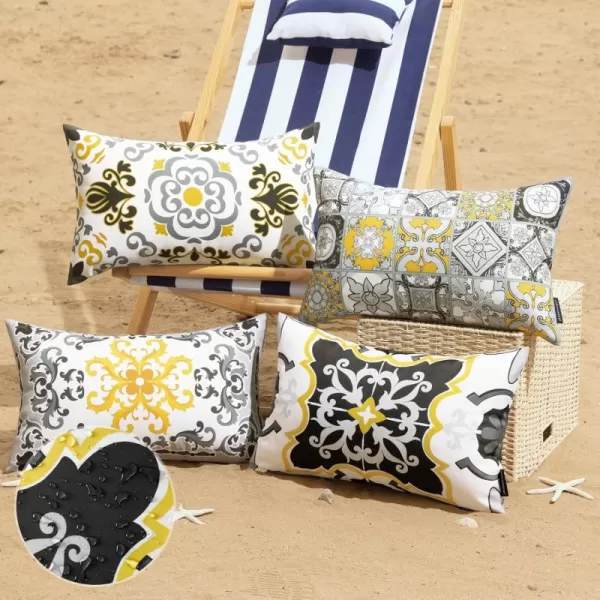 Phantoscope Set of 4 Outdoor Waterproof Throw Pillow CoversGeometric Decorative Boho Farmhouse Outdoor Pillows Cushion Case for Home Patio Furnitures Tent Sunbrella Blue and Green 18x18 InchesBlackGreyYellow
