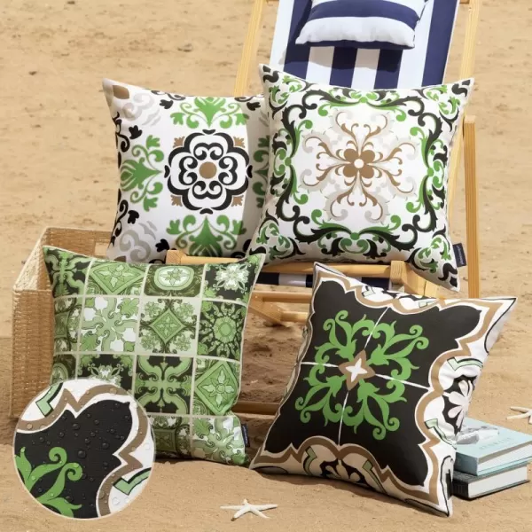 Phantoscope Set of 4 Outdoor Waterproof Throw Pillow CoversGeometric Decorative Boho Farmhouse Outdoor Pillows Cushion Case for Home Patio Furnitures Tent Sunbrella Blue and Green 18x18 InchesBlackOlive Green
