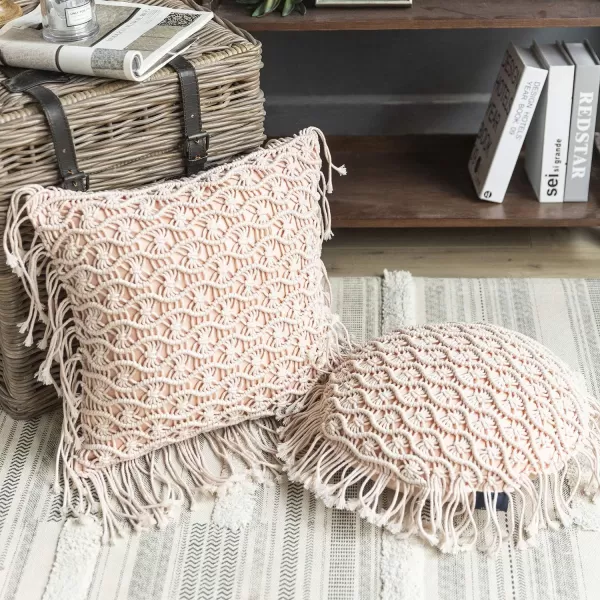 Phantoscope 100 Cotton Handmade Crochet Woven Boho Throw Pillow with Tassel Cute Farmhouse Pillow Insert Included Lumbar Small Decorative Cushion for Couch Sofa Black16 inches RoundPale Pink