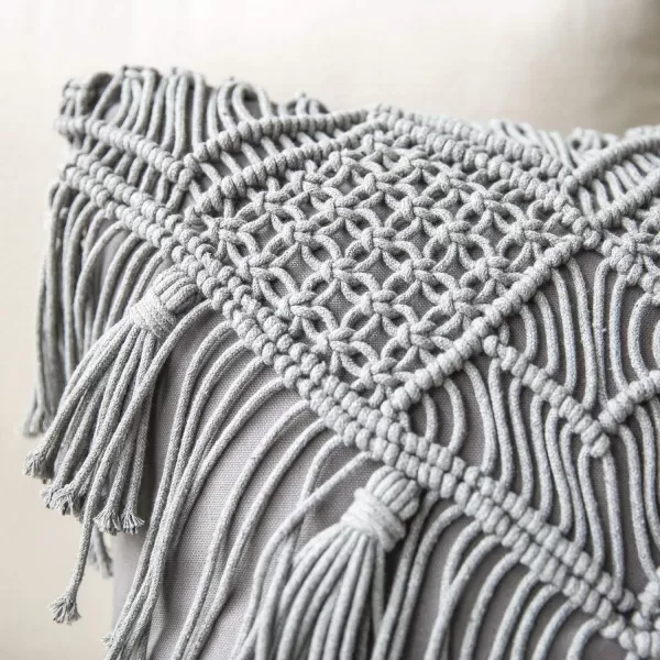 Phantoscope 100 Cotton Handmade Crochet Woven Boho Throw Pillow with Tassel Cute Farmhouse Pillow Insert Included Lumbar Small Decorative Cushion for Couch Sofa Black16 inches RoundLight Grey