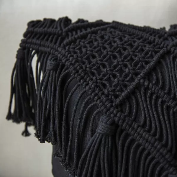 Phantoscope 100 Cotton Handmade Crochet Woven Boho Throw Pillow with Tassel Cute Farmhouse Pillow Insert Included Lumbar Small Decorative Cushion for Couch Sofa Black16 inches RoundCarbon