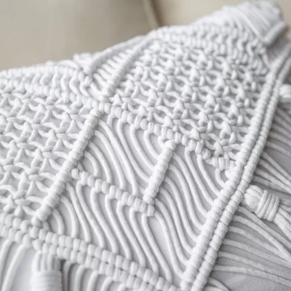 Phantoscope 100 Cotton Handmade Crochet Woven Boho Throw Pillow with Tassel Cute Farmhouse Pillow Insert Included Lumbar Small Decorative Cushion for Couch Sofa Black16 inches RoundPure White