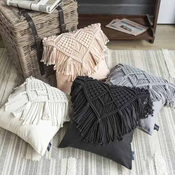 Phantoscope 100 Cotton Handmade Crochet Woven Boho Throw Pillow with Tassel Cute Farmhouse Pillow Insert Included Lumbar Small Decorative Cushion for Couch Sofa Black16 inches RoundCarbon