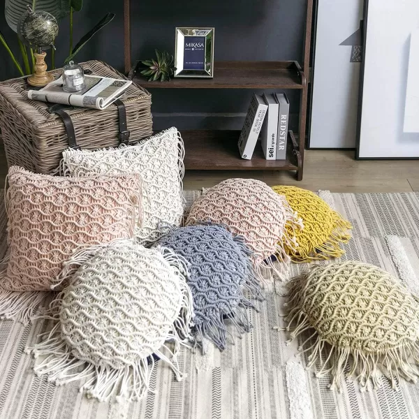 Phantoscope 100 Cotton Handmade Crochet Woven Boho Throw Pillow with Tassel Cute Farmhouse Pillow Insert Included Lumbar Small Decorative Cushion for Couch Sofa Black16 inches RoundOrange