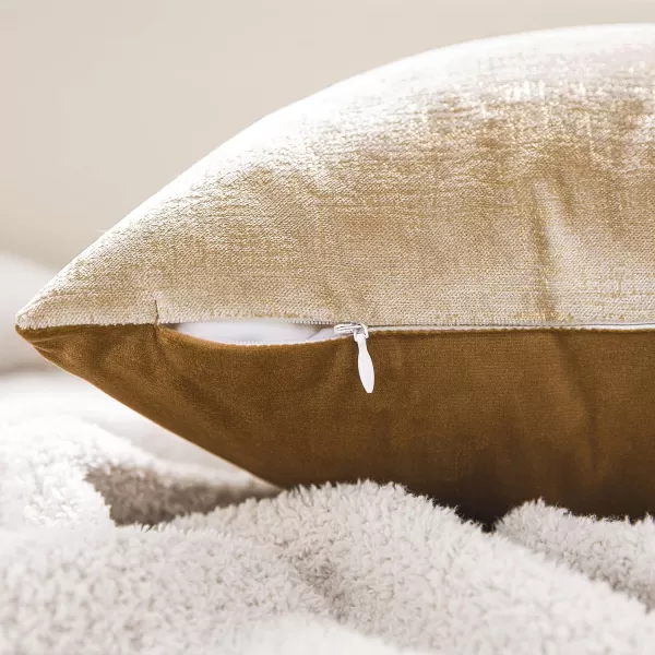 Phantoscope Pack of 2 Sparkling Velvet Decorative Solid Throw Decorative Pillow Cover Soft Gold Glitter Square Cushion Cover Pillowcase for Couch Bed and Chair Gold 18 x 18 inches 45 x 45 cmLight Brown and Gold