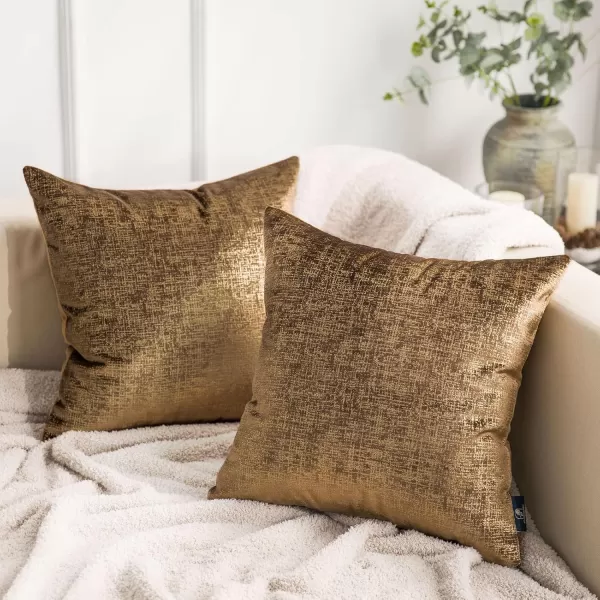 Phantoscope Pack of 2 Sparkling Velvet Decorative Solid Throw Decorative Pillow Cover Soft Gold Glitter Square Cushion Cover Pillowcase for Couch Bed and Chair Gold 18 x 18 inches 45 x 45 cmDark Brown and Gold