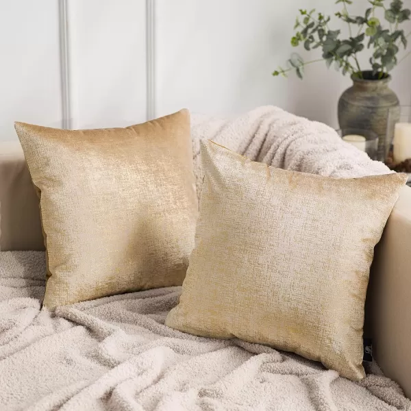 Phantoscope Pack of 2 Sparkling Velvet Decorative Solid Throw Decorative Pillow Cover Soft Gold Glitter Square Cushion Cover Pillowcase for Couch Bed and Chair Gold 18 x 18 inches 45 x 45 cmLight Brown and Gold