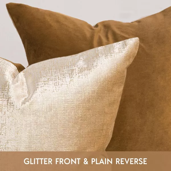Phantoscope Pack of 2 Sparkling Velvet Decorative Solid Throw Decorative Pillow Cover Soft Gold Glitter Square Cushion Cover Pillowcase for Couch Bed and Chair Gold 18 x 18 inches 45 x 45 cmLight Brown and Gold