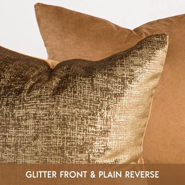 Phantoscope Pack of 2 Sparkling Velvet Decorative Solid Throw Decorative Pillow Cover Soft Gold Glitter Square Cushion Cover Pillowcase for Couch Bed and Chair Gold 18 x 18 inches 45 x 45 cmDark Brown and Gold