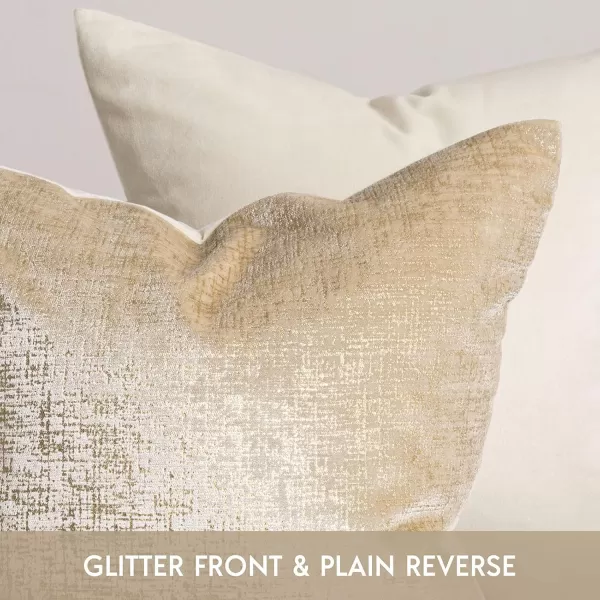 Phantoscope Pack of 2 Sparkling Velvet Decorative Solid Throw Decorative Pillow Cover Soft Gold Glitter Square Cushion Cover Pillowcase for Couch Bed and Chair Gold 18 x 18 inches 45 x 45 cmBeige and Gold