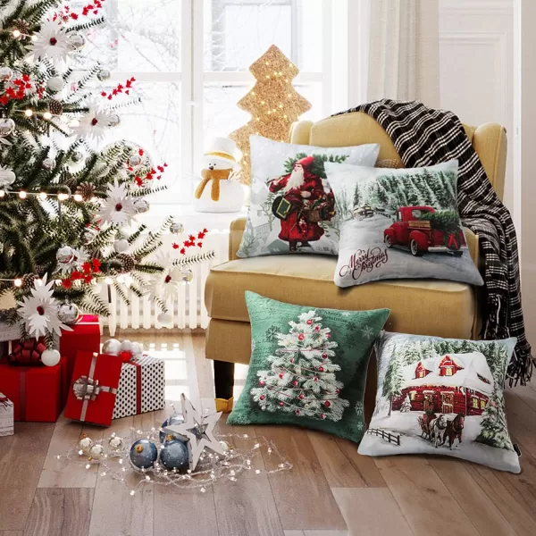 Phantoscope Pack of 4 Merry Christmas Decorative Soft Velvet Throw Pillow Cover with Snowflake Elk and Tree Cushion Covers for Xmas Couch Sofa Green 18 x 18 ampamp 12 x 20 inchesAcar Red and Green
