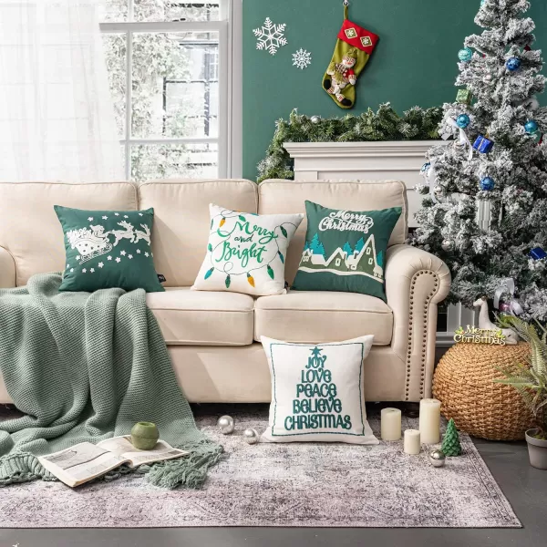 Phantoscope Pack of 4 Merry Christmas Decorative Soft Velvet Throw Pillow Cover with Snowflake Elk and Tree Cushion Covers for Xmas Couch Sofa Green 18 x 18 ampamp 12 x 20 inchesGreen and White