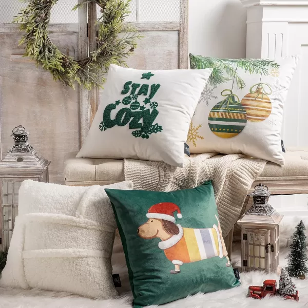 Phantoscope Pack of 4 Merry Christmas Decorative Soft Velvet Throw Pillow Cover with Snowflake Elk and Tree Cushion Covers for Xmas Couch Sofa Green 18 x 18 ampamp 12 x 20 inchesSherpagreen White